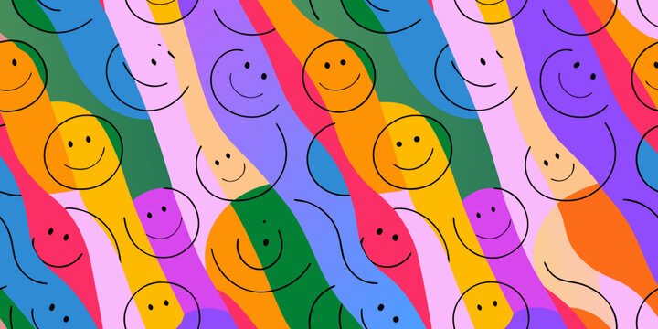 Colorful repeating pattern of smiley faces with diverse expressions and vibrant stripes high quality professional