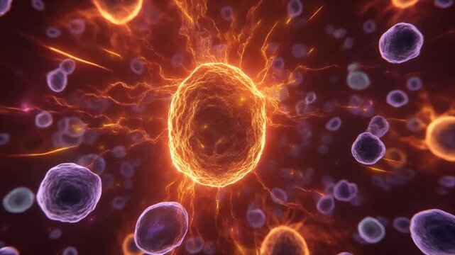 Vibrant microscopic cells pulsating with energy, a dynamic cosmic abstract background, symbolizing life, renewal, and biological transformation