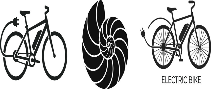 Black Silhouette Bicycle, Nautilus Shell, and Electric Bike Icon Set on White Background Minimal Flat Style Vector Illustration