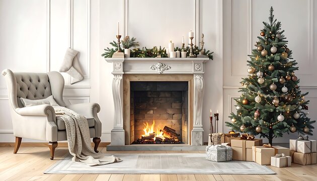 A cozy living room with a fireplace and Christmas tree