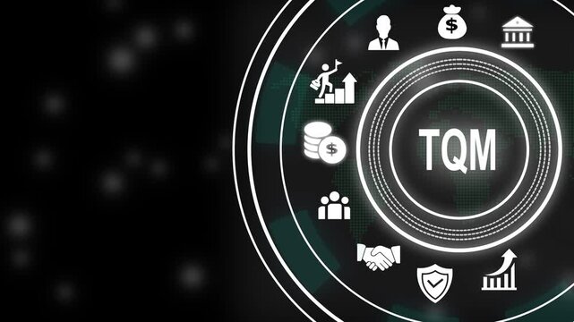 Total management tqm concept with business and digital interface for corporate strategy, operational excellence, process improvement, and management systems animation