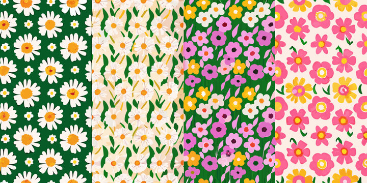 Repeating floral pattern with daisy and wildflower motifs on a colorful background high quality professional