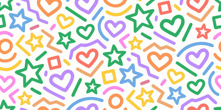 Colorful doodle pattern with hearts stars squiggles and geometric shapes on white background high quality