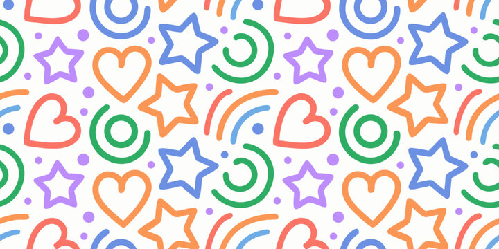 Colorful doodle pattern with hearts stars swirls and squiggles on a white background high quality