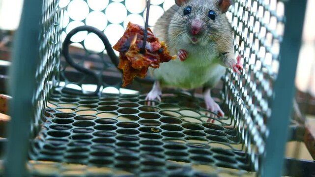 4K Ultra HD footage of a live rat trapped inside a metal cage mousetrap in a dark environment (Concept of captivity, falling into a trap, and home pest control)