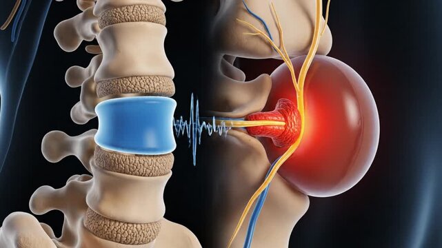 High quality 3D medical animation lumbar spine split comparison normal disc intact and herniated disc bulging compressing nerve glowing inflamed region subtle motion clear visual contrast cinematic li