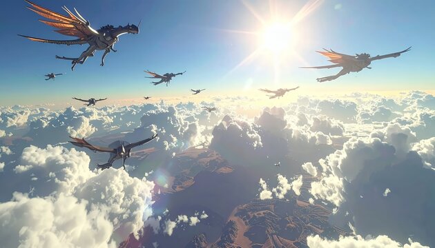 Soaring Above the Clouds - A Flock of Winged Creatures in Flight.