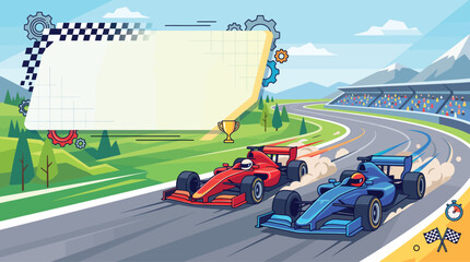 Fototapeta premium Red Formula 1 Race Car on Track with Blank Sign