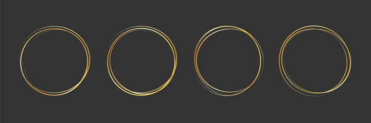 Fototapeta premium Gold golden frame ring set. Gold circular round frame line glitter luxury thin outline border. Whimsical doodle sparkle light metal effect for wedding logo decoration. Vector illustration