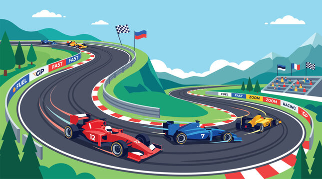 Formula Racing Cars on Curvy Racetrack Circuit