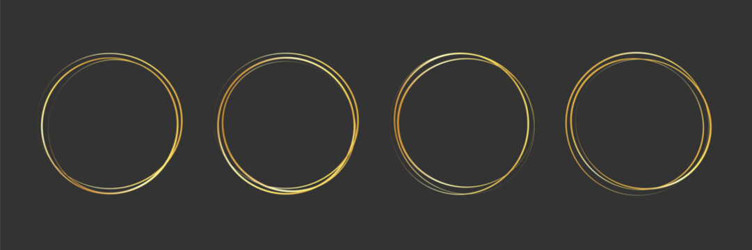 Gold golden frame ring set. Gold circular round frame line glitter luxury thin outline border. Whimsical doodle sparkle light metal effect for wedding logo decoration. Vector illustration