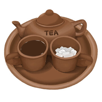 Traditional Indonesian Teh Poci Illustration with Clay Teapot and Sugar Cubes