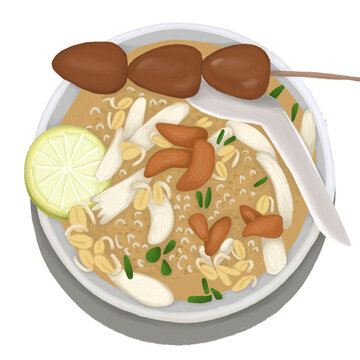 Traditional Indonesian Soto Kudus Illustration with Satay and Lime