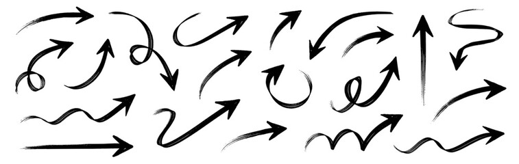 Obraz premium Arrow hand drawn brush set. Crayon hand drawn brush sketch arrow line pencil stroke chalk rough texture. Scribble doodle grunge underline swirl spiral comic fun sign. Vector illustration
