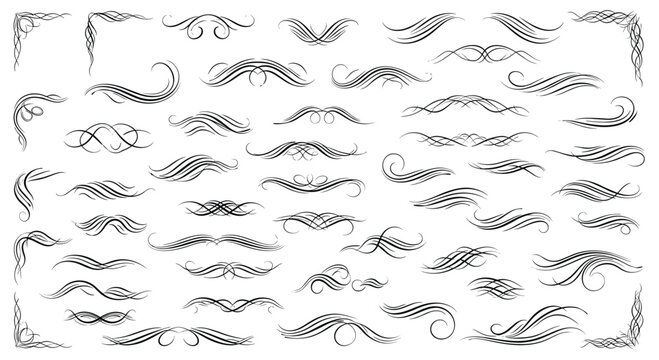 Large collection of various decorative flourishes, scrolls, and corner ornaments is presented in a black ink calligraphy style.
