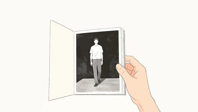 Soft minimalist muted illustration: hand holding an open book, with a faceless young man walking forward from a dark interior on the page