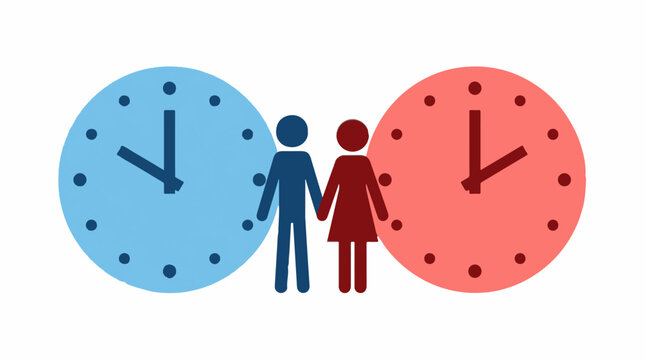 Man and woman holding hands between two large wall clocks