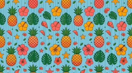 Seamless Tropical Pattern with Pineapple, Hibiscus Flowers, and Monstera Leaves on Light Blue Striped Background © Graphicnoell