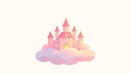 Obraz premium Soft Pastel Pink Fairy Tale Castle Perched On Fluffy Cotton Cloud, Warm Glowing Windows, Gentle Dreamy Minimalist Children's Illustration On Clean White Background