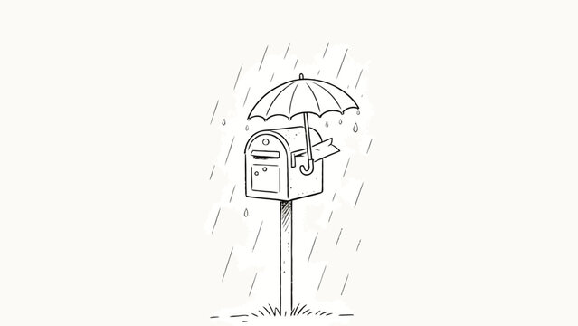 Whimsical minimalist black and white line art of a freestanding mailbox hooking a tiny umbrella on its outgoing mail to shield itself from falling rain