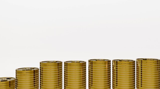 A 3d animation of gold coins starting at a baseline height stack upward sequentially from left to right, building an escalating bar graph staircase that symbolizes financial growth.