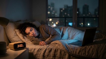 Fototapeta premium Tired woman suffering from insomnia and anxiety looking at laptop in bed at 3 AM with city lights in background