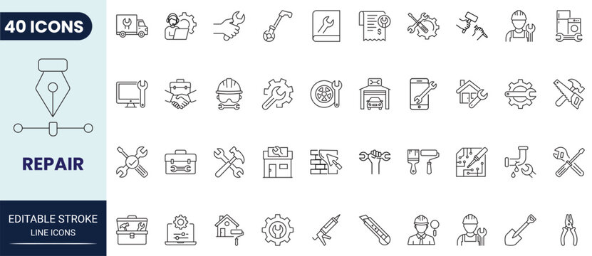Repair icon set in outline style. Collection of repair, tools, wrench, maintenance, service, and technician icons. Editable stroke. Vector icon collection.