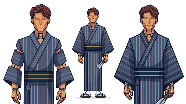 Geometric Character Design of Men in Traditional Japanese Yukata - Stylized Vector Illustration of Japanese Culture and Fashion