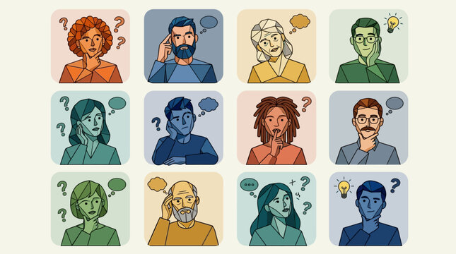 Set of Diverse Human Avatars Thinking and Brainstorming. Stylized flat vector icons representing problem solving, creativity, decision making, and customer feedback.