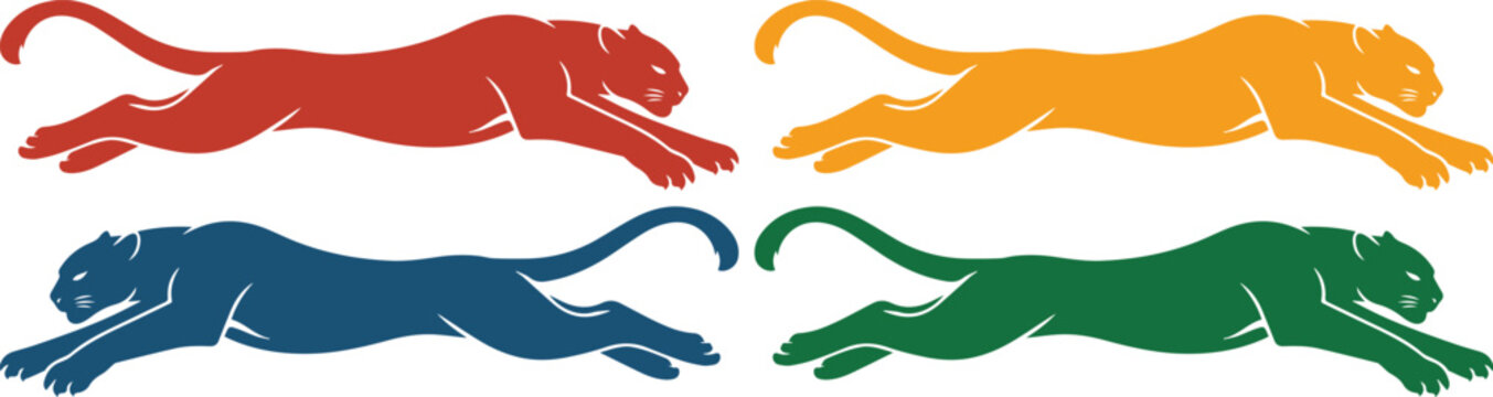 Dynamic leaping panther vector set, four colorful big cat silhouettes in red, orange, blue, and green, ideal for sports branding, team mascots, or powerful logo designs.