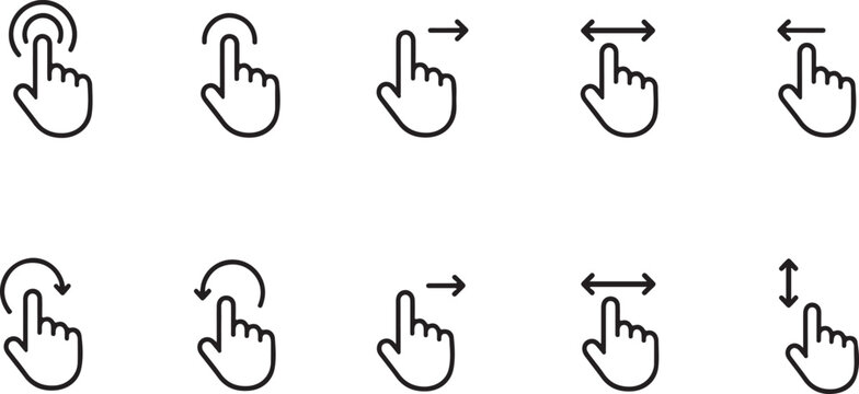 Touchscreen gesture icon set, hand cursor and swipe vector symbols.linear illustrations of touch interactions for mobile apps and web interfacesSet of hand gesture icons featuring tap, scroll, drag.