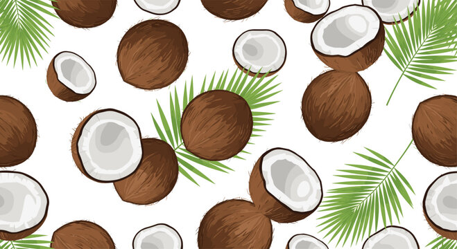 Tropical seamless pattern of whole and halved brown coconuts with lush green palm leaves on a bright white background for summer.