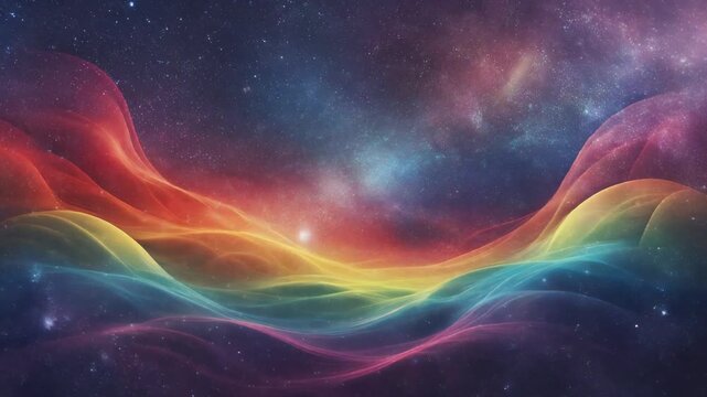Colorful abstract energy waves flowing through a deep dark starry space in cinematic motion sequence