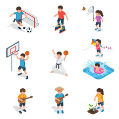 Fototapeta premium Colorful flat lay illustration of diverse people engaging in various sports and hobbies on a white background.
