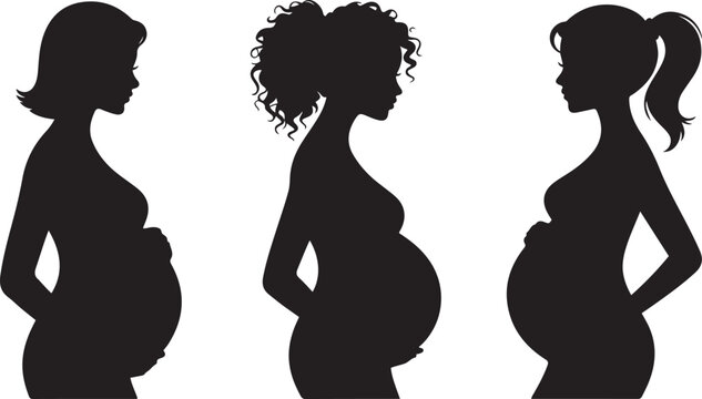 Black silhouette of pregnant women with different hairstyles: straight hair, curly hair, ponytail silhouette vector illustration