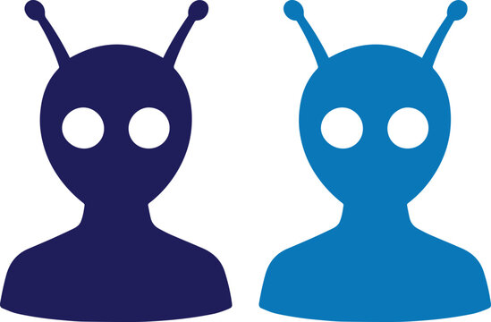 Alien head vector icon, extraterrestrial creature silhouette, cosmic visitor graphic, space invader symbol, sci-fi character design, dark blue and light blue alien illustration