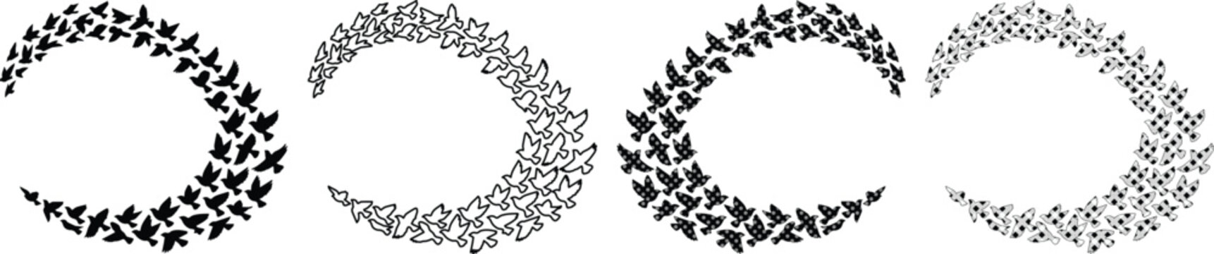 Abstract Butterfly Swirl Vector Set, four distinct black and white butterfly patterns, elegant decorative elements for design projects, nature-inspired graphic resources