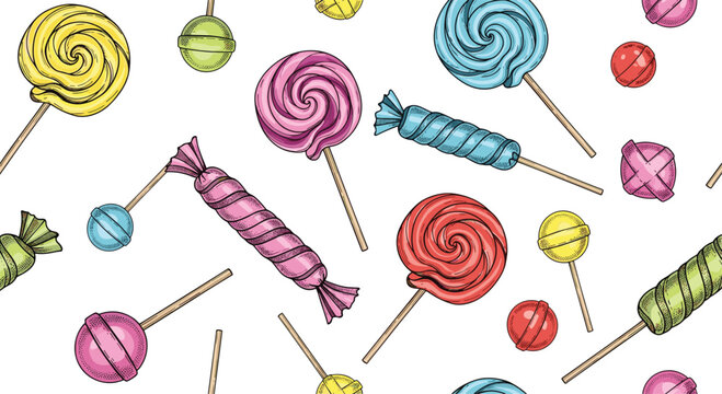 Colorful seamless pattern of assorted lollipops and wrapped hard candies in a whimsical hand drawn style on a white background.