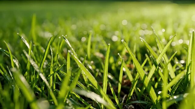 Closeup of Dew Drops on Green Grass Blades in Morning Sunlight 3.