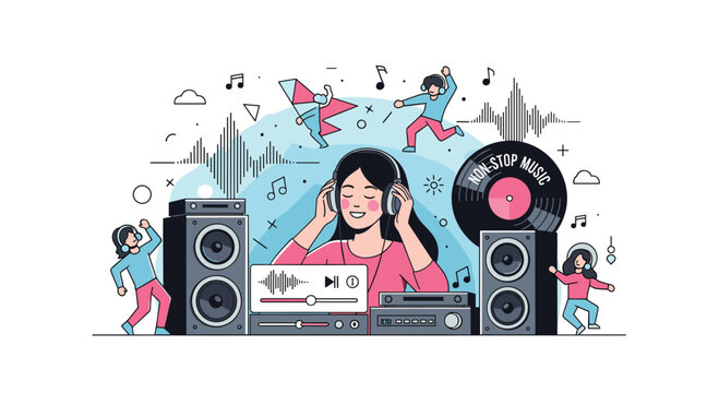 Dynamic illustration of a female dj wearing headphones and mixing music with dancing figures and sound waves in the background.
