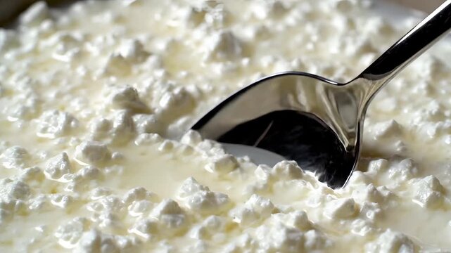 Closeup of Fresh Cottage Cheese Curds with Spoon Stirring Gently.