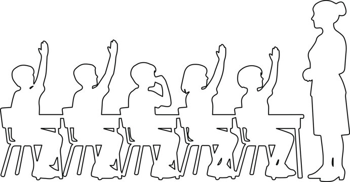 Classroom learning vector illustration, students raising hands in school, teacher silhouette, education concept graphic resource for academic projects