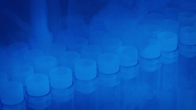 4K Ultra HD footage of Hantavirus samples preserved in cold storage for medical research (Concept of virus biobank, laboratory scientific storage, and dangerous pathogen preservation)