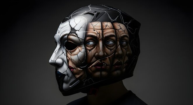 Abstract artwork showing a persons face with multiple expressions and layers