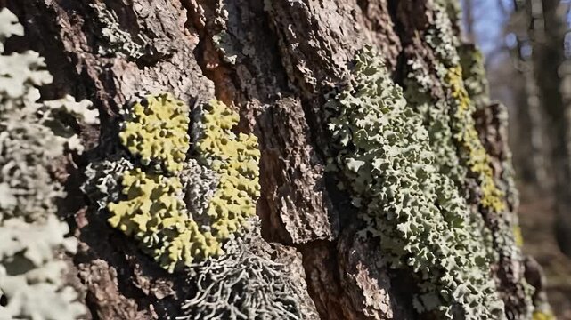 Closeup of Lichen Growing on Tree Bark in Natural Sunlight.