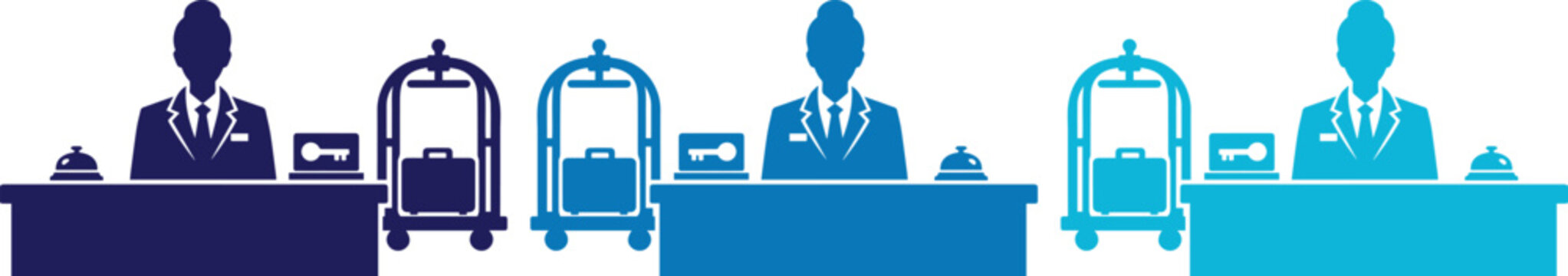 Hotel Service Icons, a vector collection of hospitality staff and luggage carts. Modern blue and navy silhouettes for travel, accommodation, and customer service concepts.