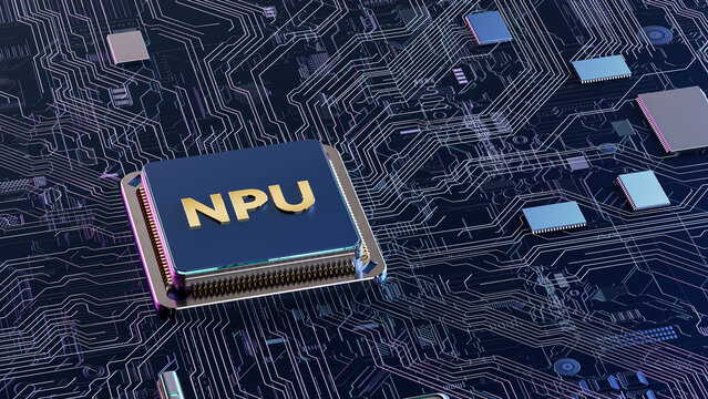 Versatile 3D rendered NPU processor graphic, high quality stock asset ideal for AI technology article, semiconductor business presentation, website banner and social media marketing content