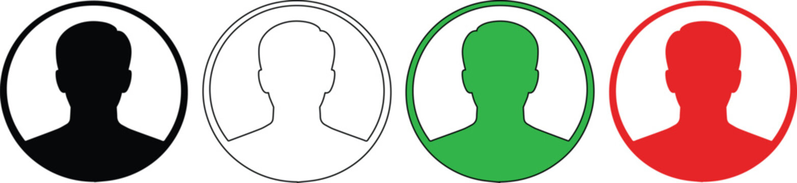 User Profile Avatar Icon Set, four distinct vector profile silhouettes in black, outline, green, and red, ideal for web UI, app design, and social media interfaces.