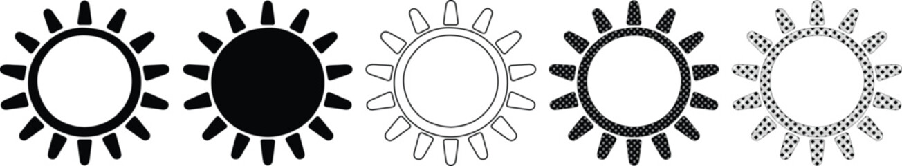 Fototapeta premium Sun icon set, black and white vector suns, weather symbols, brightness and light indicators, simple graphic elements for UI/UX design and apps
