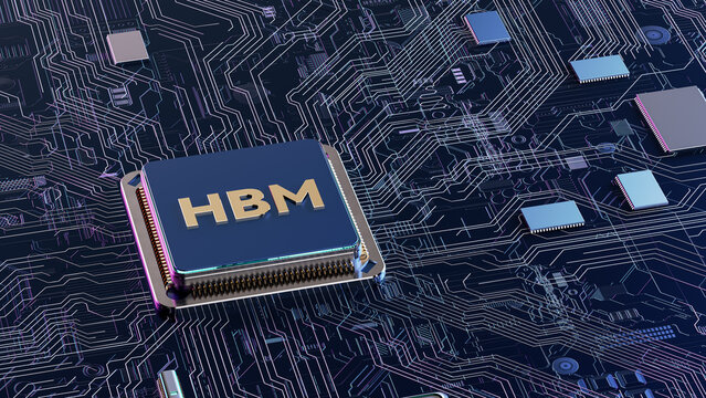 High quality HBM technology 3D illustration usable as commercial stock asset for semiconductor industry presentation, AI computing blog post, tech website banner and digital marketing promotional cont